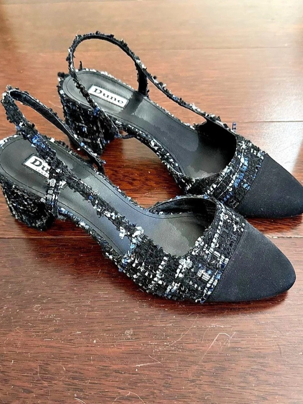 Dune Black & Navy Tweed Sequin Slingback Heels